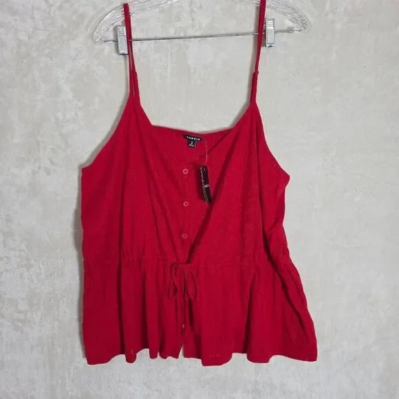 Torrid Pointelle V Neck Cinched Waist Peplum Tank Adrenaline Rush Red 2X (18-20) - Picture 9 of 10